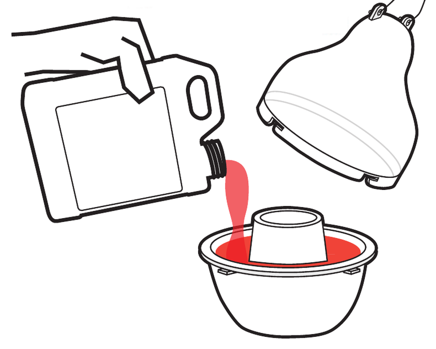 Diagram showing wasp lure being poured into the base of a dome wasp trap with the lid lifted off